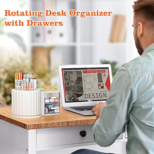LETURE Rotating Office Desk Organizers and Accessories with 2 Drawer, Pencil Pen Marker Holder for Desk, Desktop Storage Organizers and Accessories for Office Home Art Supplies (White)