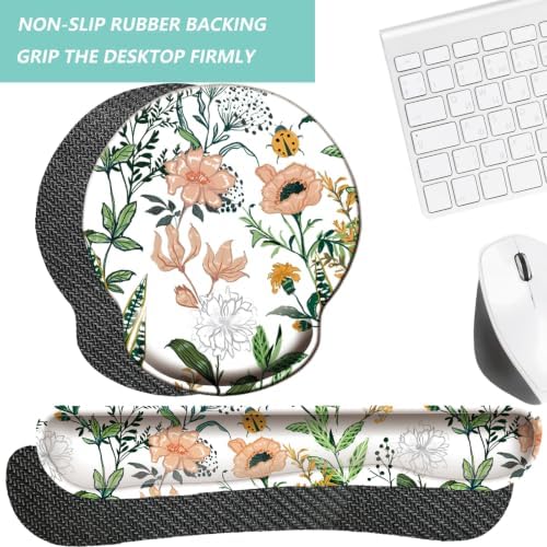 Keyboard Wrist Rest Pad Mouse Pad with Wrist Support Set of 3, Mousepad with Non-Slip Rubber Base, Ergonomic Memory Foam Mouse Wrist Cushion Support for Home Office Laptop Computer, Flower White