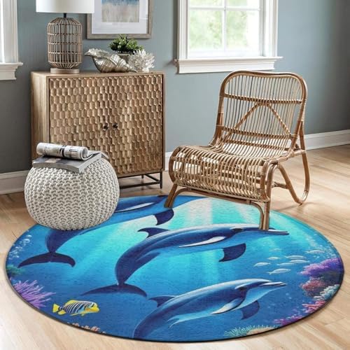 Women's Large Home Decor Mat, Soft Round Yoga Carpet, Non Slip Machine Washable Home Office Circle Rug Dolphin Under Sea World