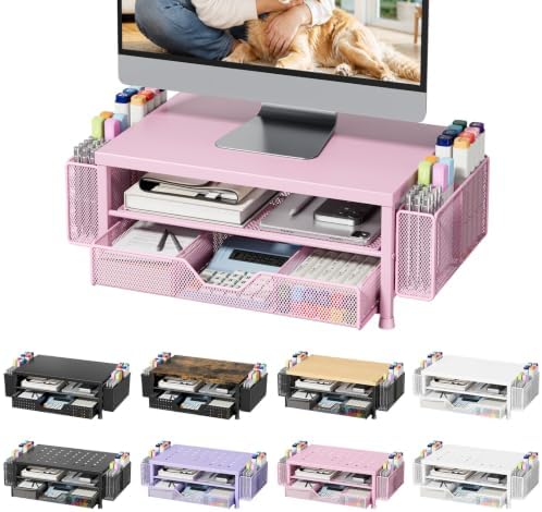 Monitor Stand Riser with Mesh Drawer and 2 Side Pen Holders, Pink Metal Top