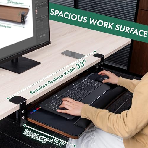 D'vine Dev Keyboard Tray Under Desk with Wrist Rest, Bamboo Wood Keyboard Drawer with Full Size Keyboard and Mouse Pad, Walnut Color, KBTY-2