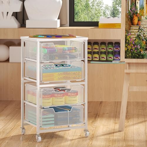 4-Drawer Rolling Storage Cart, Utility Cart with Drawers, White Metal Craft Cart Organizer with Wheels & Wooden Top, Art Supply Storage Organizer for Classroom, Office, Kitchen,Patent Pending