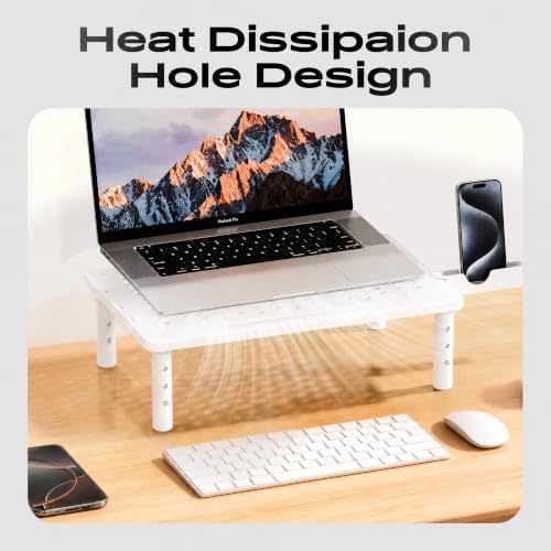 Computer Monitor Stand Riser for Desk, 3 Height Adjustable PC Laptop TV Desktop Monitor Stand Shelf, Metal Printer Table with Phone Holder, Stand Riser for Desk, Office Desk Organizers and Accessories, White 2 Pack