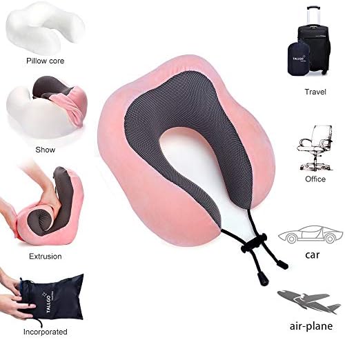 TALLGO Travel Pillow, Best Memory Foam Neck Pillow Head Support Soft Pillow for Sleeping Rest, Airplane Car & Home Use (Pink)