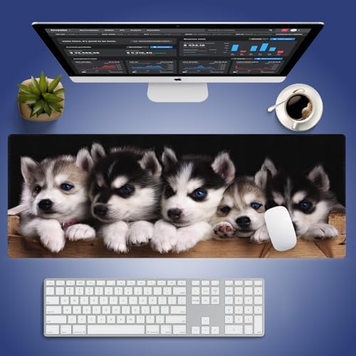 Cute Siberian Husky Puppies in Wooden Crate Large Mouse Pad, Pets Desk Mat