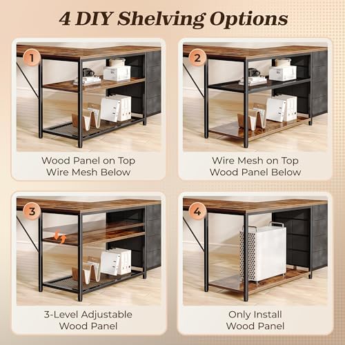 PRAISUN 61" L Shaped Desk with Power Outlets & 4 Drawers