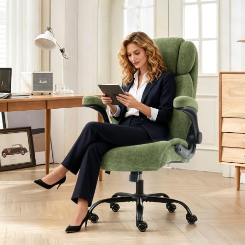 500lbs Big and Tall Office Chair Adjustable Lumbar Support for Back Pain, Extra Wide Seat Executive Office Chair Thick Armrest Pad, Heavy Duty Base&Upgraded Wheels, Ergonomic Desk Chair (Dark Green)