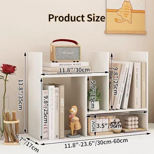 Desktop Shelf Organizer, Adjustable Wood Office Storage Rack, Counter Display Small Bookshelf for Home/Office/School(White)