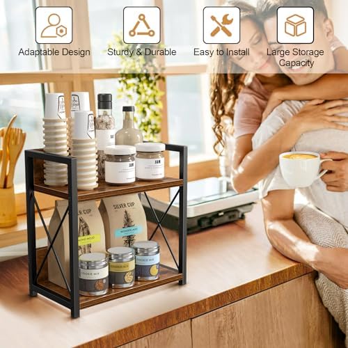 Giikin Kitchen Countertop Organizer, 2 Tier Spice Rack Organizer for Pantry, Kitchen Counter Shelf Wood Coffee Station Organizer (Brown, M)