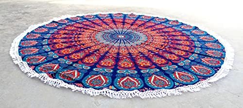 Round Beach Tapestry Turquoise Mandala Throw/Boho Hippie Beach Blanket Roundie/Indian Cotton Bohemian Large Round Table Cloth-Home Decor/Yoga Mat Meditation Picnic Rug (70", Orange And Blue)