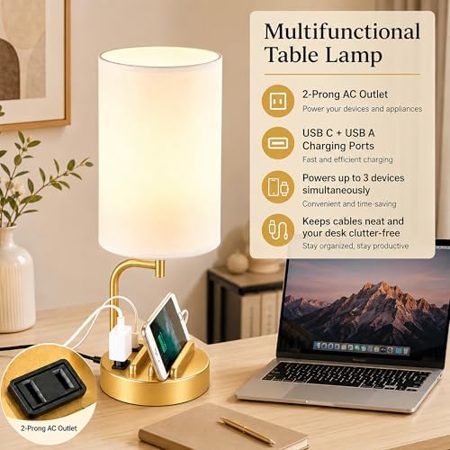 Dreamholder Touch Control USB Table Lamp with USB C/A & AC Outlet, 3-Way Dimmable Bedside Lamp, Modern Nightstand Lamps for Bedroom Living Room Guest Room Office, Bulb Included, Gold