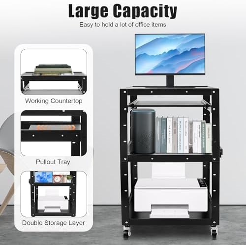 AV Cart on Wheels, Rolling Standing Desk Stand up Desk Rolling Presentation and Media Cart Height Adjustable Top Shelf Pullout Keyboard Tray Cable Hole Design 66lbs Load Capacity Each Layer