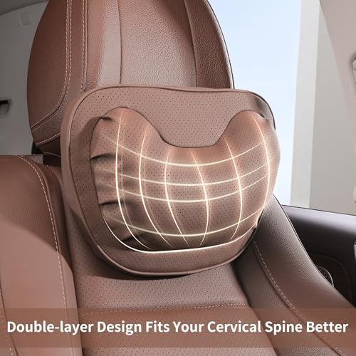 Car Neck Pillow [No More Pressure] Soft Comfortable Premium Leather Headrest with Adjustable Strap – Ergonomic Support for Driving, Office & Gaming, Brown, 1 Pack