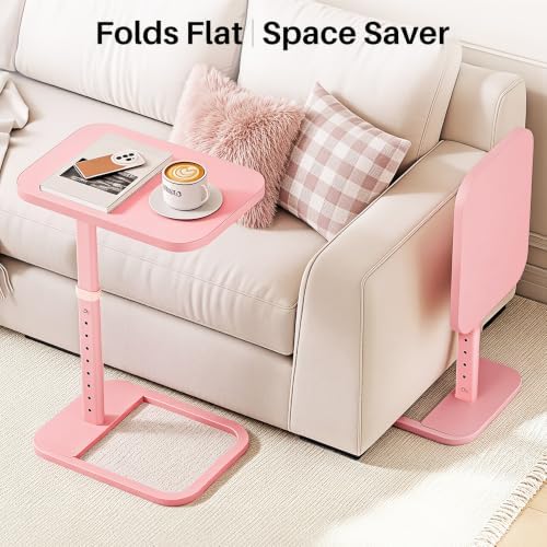 Kitstorack Upgraded TV Tray Table with Panel Lock, 90° Flip-Over Design & Adjustable Height, Sofa Arm Side Table for Eating, Laptop, Couch, Bed, or Small Spaces, Pink