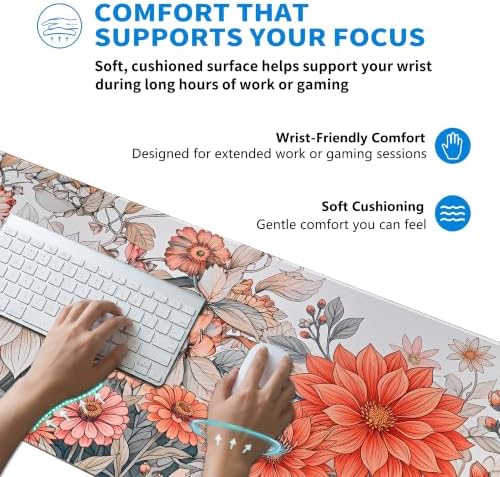 Extended Minimalist Flowers Desk Mat, XXL Large Gaming Mouse Pad, Aesthetic Florals Stitched Edges Waterproof with Non-Slip Rubber Base for Computer Keyboard Laptop Work Home Office 35.4"x15.7"