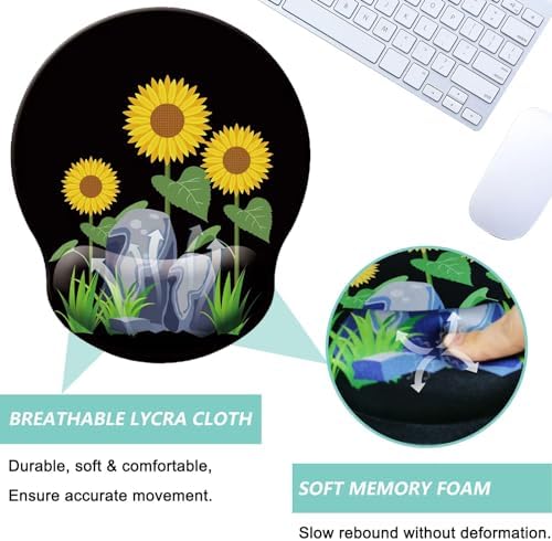 Mouse Pad with Wrist Support, Ergonomic Mouse Pad with Memory Foam Wrist Rest Cushion, Non-Slip Rubber Base Gaming Mice Pad for Home Office Computer Laptop, Sunflower