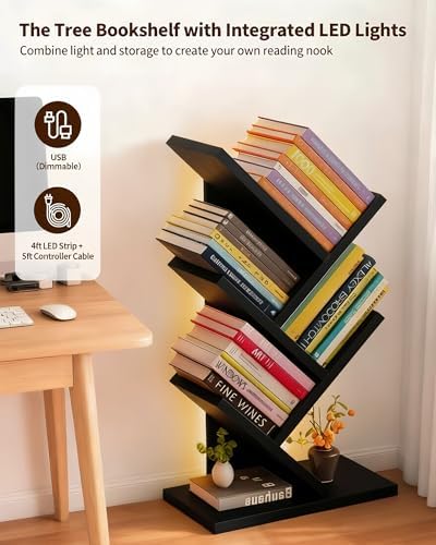 Small Bookshelf with Liting,5-Tier Wood Black Bookshelf,Desktop BookShelf