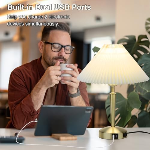 LALISU Touch Bedside Table Lamp, Fabric Shade Small Table Lamp, Gold