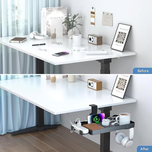 KDD Under Desk Organizer - 360° Rotating Clamp-On Tray with Headphone Hook, Phone & Tablet Holder, Cup Holder, and Cable Management - No Drilling Desk Storage Accessories for Office and Home