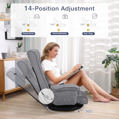 Linen Fabric Ergonomic Gaming Chair, 6-Position Reclining Sofa Bed with Lumbar Support, Foldable Floor Lounger with Thick Cushion, Armrests & Side Pockets for Esports, Reading, Napping (Light Gray)