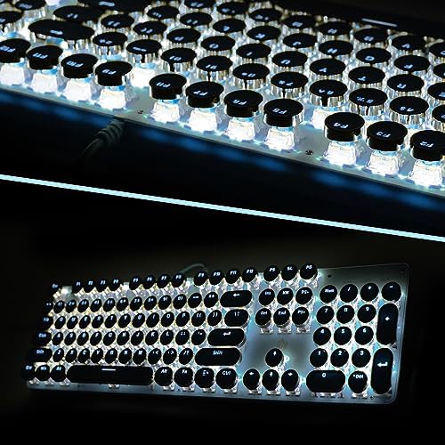 YSCP Typewriter Style Mechanical Gaming Keyboard White Backlit Wired with Blue Switch Retro Round Keycap 104 Keys Keyboard (Blue)