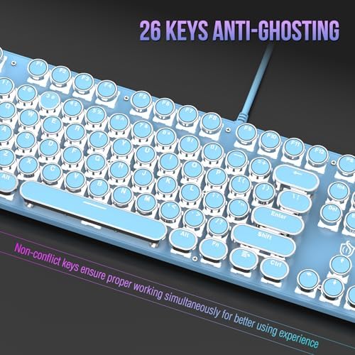 Typewriter Mechanical Gaming Keyboard with White Light Backlit Red Switches, 104 Keys Retro Round Keycap, Wired Typewriter Style Comfortable Typing Soud (Blue)