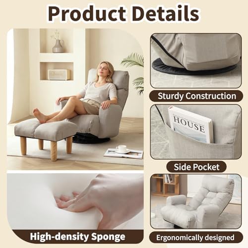 Swivel Lazy Floor Chair with Ottoman, Adjustable Reclining Floor Lounger with Head & Back Support, Comfy Tatami Sofa Seat for Adults Bedroom & Gaming