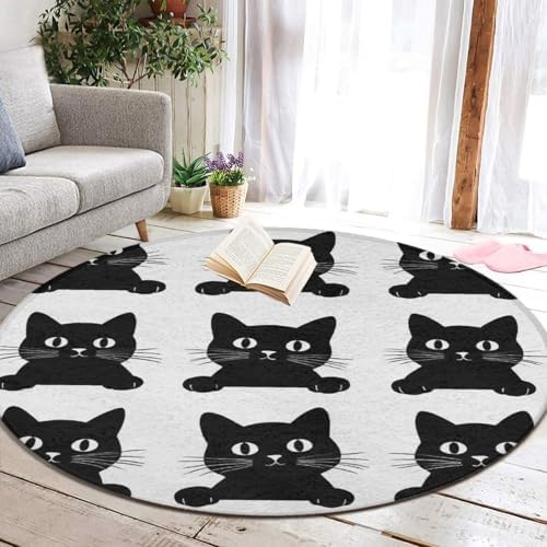 Soft Round Yoga Carpet, Large Home Decor Mat, Non Slip Machine Washable Kitchen Office Circle Rug Black Cat
