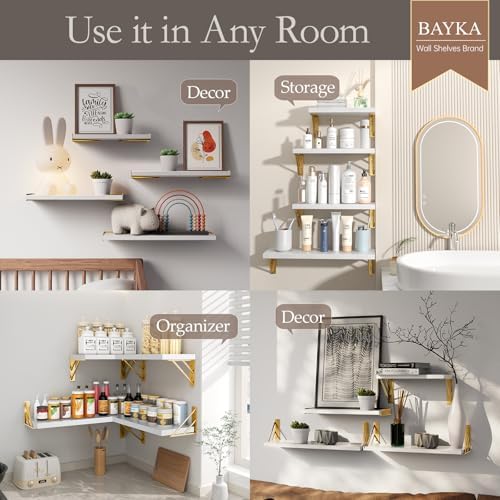 BAYKA Wall Mounted Floating Shelves (White and Gold, Set of 4, 16" Mixed)
