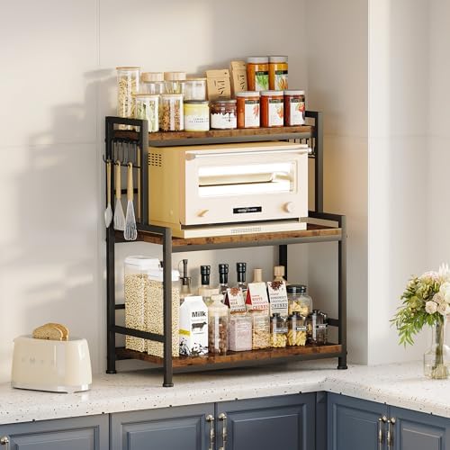 23.6"W Large Kitchen Countertop Organizer,3 Tier Spice Rack Organizer with Adjustable Shelf and 10 Hooks,Wooden Counter Organizer,Space Saving Countertop Shelf Microwave Stand for Kitchen,Coffee Bar