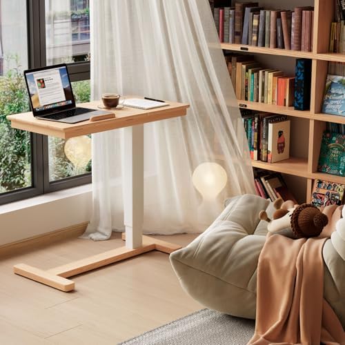 Muwuele Solid Wood Overbed Bedside Table with Wheels, Adjustable Medical Tilt Top Hospital Bed Table Over The Bed, Rolling Laptop Desk, Mobile Standing Desk for Hospital and Home Use (Natural)