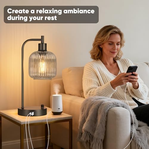 Grey Glass Table Lamps Set of 2, Dimmable Bedside Lamps for Living Room