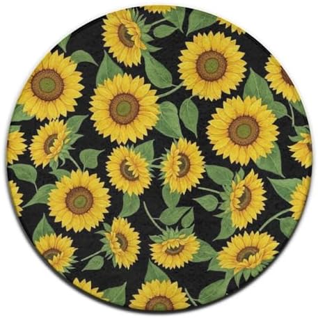 Fashion Round Area Rug Large Non Slip Carpet Unisex Home Decor Mat Beautiful Sunflower Yellow Flowers Green Leaves Black Floral, 36inch