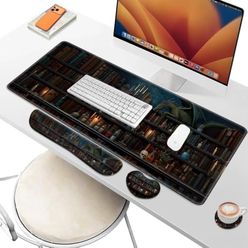 Desk Pad and Keyboard Wrist Rest, Large Mouse Pad + Keyboard Pad+Mouse Wrist Support, Non-Slip Desk Mat Protector for Office, Home 31.5×11.8 Inches Gothic Skeleton