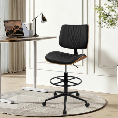 CLATINA Drafting Chair for Standing Desk, PU Leather Armless Tall Office Chairs with Adjustable Footrest Ring, Extended Height Ergonomic High Swivel Computer Chair with Bend Wood Backrest, Black, 8PK