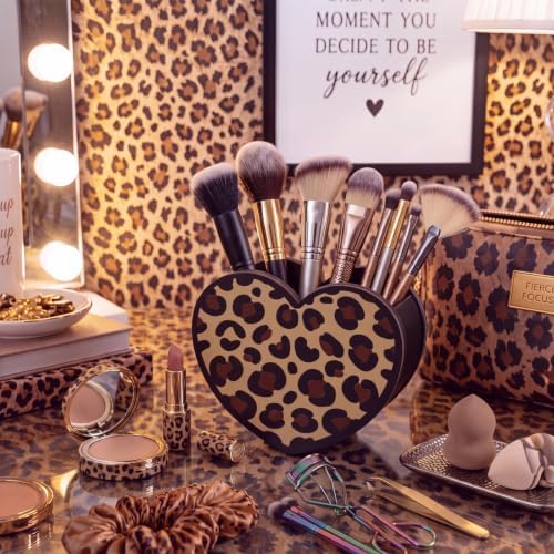 Tenceur Leopard Print Heart Holder for Desk Large Capacity heart Wood Pencil Holder Coquette Supplies Desk Organizer Cute Teacher Office Decor Makeup Brush Holders Back to School Gift for Girls Women