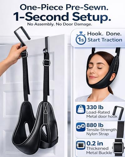 Upgraded Over-The-Door Cervical Neck Traction Device – Portable Adjustable Neck Stretcher for Neck Pain Relief, Spine Alignment & Posture Correction, Home Physical Therapy Kit, 330 lbs Support (Black)