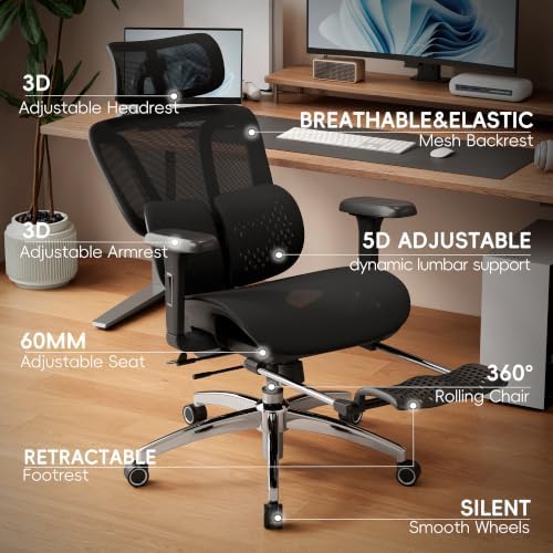 Vonesse Ergonomic Office Chair with Footrest, Desk Chairs with Dynamic Lumbar Support & Adjustable Depth Breathable Mesh Seat, Computer Gaming Chair with Adjustable 3D Headrest and Armrests (Black)
