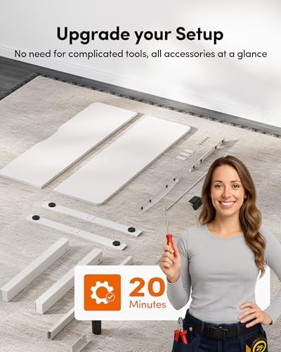 FEZIBO 55 x 24 Inchs Electric Standing Desk, Height Adjustable, Sit Stand Up, Computer Office Desk with Splice Board, White Frame/White Top