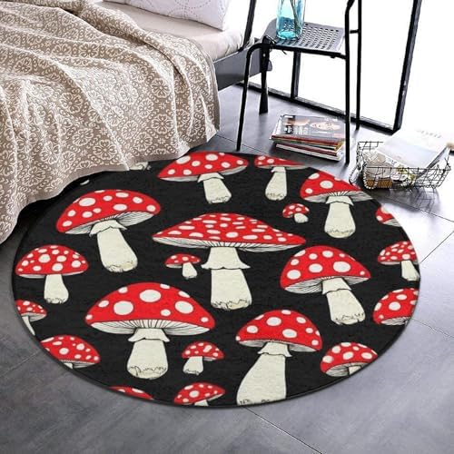 Large Home Decor Mat, Soft Round Yoga Carpet, Non Slip Machine Washable Kitchen Office Circle Rug Black Red Mushroom Lovers