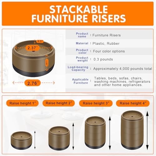 Furniture Risers Bed Risers Heavy Duty 1 inch, 2 inch, 3 inch, 4 inch Round Adjustable Bed Lifts Riser for Desk Legs Table Couch Sofa Chair Refrigerator Washing Machine (1+1+1 Inch, Brown, 4 Pack)