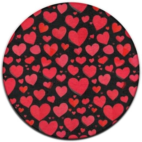Soft Round Yoga Carpet, Large Home Decor Mat, Non-Slip Machine Washable Kitchen Office Circle Rug Compatible with Valentine's Day Elegant Red Love Heart Black