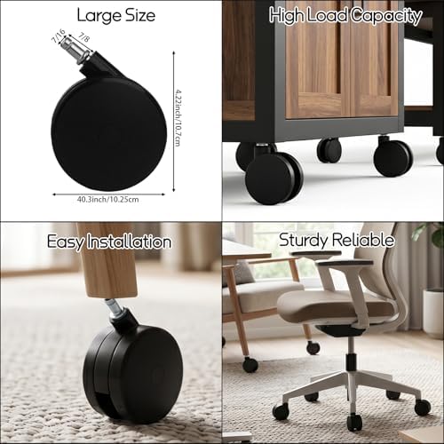 6 Pcs 4'' Extra Large Chair Wheels, Heavy Duty Office Twin Chair Casters Replacement 7/16 x 7/8 Grip Ring for Furniture Hardwood Floor Computer Desks
