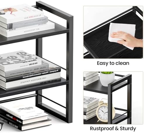 Office Desk Shelf Organizer, Wood Desktop Bookshelf Supplies Storage Rack, Shelf for Top of Desk and Dresser (Pure Black-2 Tier)