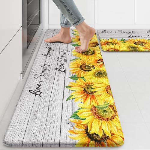 KIMODE Anti Fatigue Kitchen Mat, Farmhouse Sunflower Kitchen Rugs Sets of 2