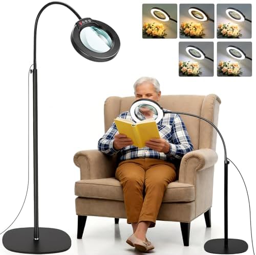 15X Magnifying Glass with Light and Stand, Real Glass Lens, 5 Color Modes, Stepless Dimmable, 24" Flexible Gooseneck 3-in-1 Floor Lamp, LED Lighted Magnifier Hands Free for Close Work, Craft, Painting