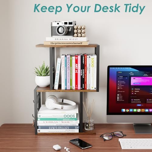 Desktop Bookshelf,3-Tier Desk Organizer Shelf with Hooks Desk Organization Deals for Office Storage Rustic Brown