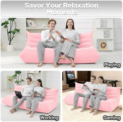 HABUTWAY Bean Bag Chairs Fireside Lazy Floor Sofa,3 Seater,Pink