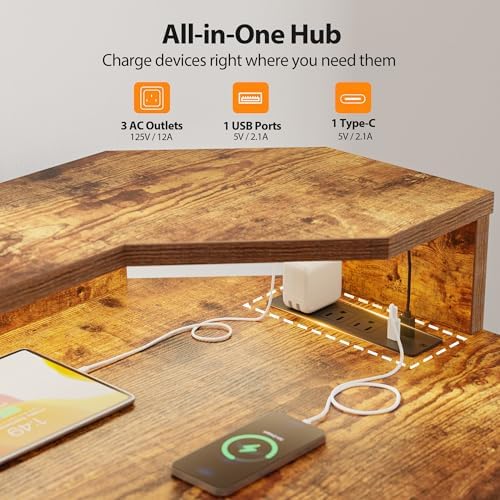 Agilestic 63*35 Inch L Shaped Standing Desk with Shelf & Led& Outlet, Brown