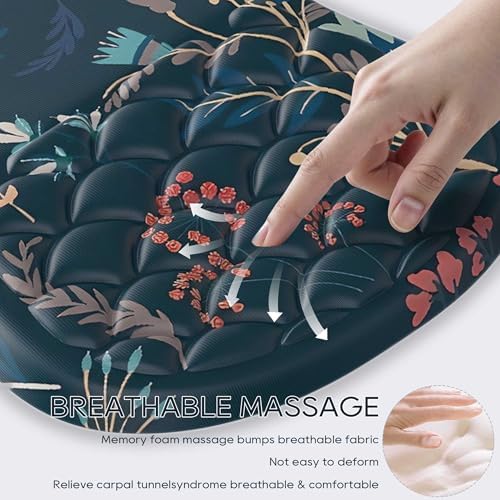 HunDun Ergonomic Mouse Pad Wrist Support, Wrist Rest Mousepad for Carpal Tunnel Pain Relief with Integrated Memory Foam Slope Massage Bulge， Mousepads for Wireless Mouse & Desk（Green Flower）